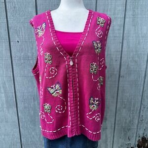 Vintage Mandal‎ Bay Womens Vest XL Pink Butterfly Embroidery Knit Sleeveless Top